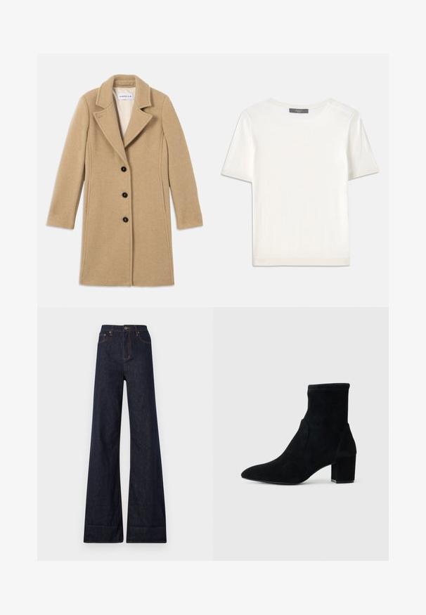 Beige villane jakk, millel on nurgelised kraed, neli musta nuppu ja pikad varrukad. Sile tekstuur, puhtad jooned ja kohandatud sobivus.; Valge lühikeste varrukatega soonikutega viimistletud ringkaelusega kampsun, millel on sile tekstuur.; Ksubi STRIDER CUFF ORIGINAL - Wide leg - blue denim; Must musta ankle-saapad terava ninaga, keskmise kõrgusega ploki kontsaga ja elastse varrega. Sile tekstuur, ilma nähtavate riistade või aktsentideta.