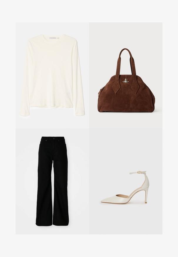 Beige Wollmantel mit Reverskragen, vier schwarzen Knöpfen und langen Ärmeln. Glatte Textur mit klaren Linien und taillierter Passform.; Tiger of Sweden MILLAN - Langarmshirt - seashell; Schwarze weit geschnittene Hose aus Denim-Stoff. Verfügt über eine eng anliegende Taille, Vordertaschen und einen Knopfverschluss. Glatte Textur mit minimaler Ausstattung.; Weiße Leder-Pumps mit spitz zulaufender Zehe, Knöchelriemen und schlanker Stiletto-Absatz. Glatte Oberfläche mit dezent glänzendem Finish.; Braune Wildleder-Handtasche mit strukturiertem Design, abgerundeter Form und länglichen, diamantförmigen Griffen. Mit einem silbernen Metallverschluss ausgestattet.