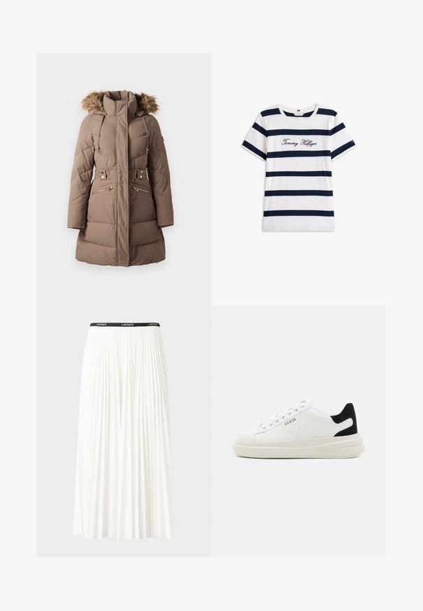 Manteau d'hiver taupe rembourré avec capuche bordée de fourrure, col montant, taille ceinturée et poches zippées sur fond blanc.; T-shirt en coton avec des rayures horizontales bleu marine sur un fond blanc. "Tommy Hilfiger" brodé en écriture cursive sur la poitrine. Encolure ras du cou.; Jupe plissée blanche avec une taille élastique noire portant le logo "LACOSTE". Design mi-long avec une texture douce.; Baskets en cuir blanc avec une épaisse semelle blanche, un accent en daim noir au niveau du talon et un logo embossé sur le côté. Design à lacets avec six œillets.