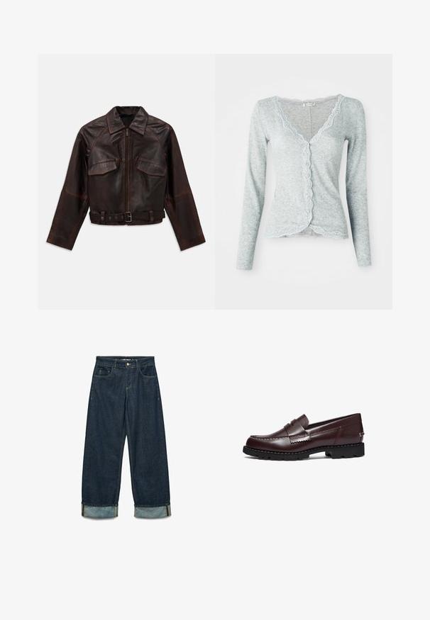 Giacca in pelle marrone scuro con zip frontale, due tasche a soffietto sul petto, maniche lunghe e una cinta regolabile con fibbia in vita.; Cardigan azzurro chiaro realizzato in tessuto a maglia testurizzata. Presenta un bordo in pizzo a scallop lungo il collo e una chiusura con bottoni sul davanti, maniche lunghe.; Camicia button-up a quadri navy e bianca, maniche lunghe, realizzata in materiale flanella, con colletto alla cinese e bottoni neri.; Due camicette slim-fit con pizzo, una bianca e una nera, presentate su uno sfondo chiaro e neutro.; Pantaloni in denim di colore blu scuro con una vestibilità ampia, caratterizzati da orli arrotolati, cinque tasche e dettagli di cucitura a contrasto.; Timberland Scarpe senza lacci - burgundy