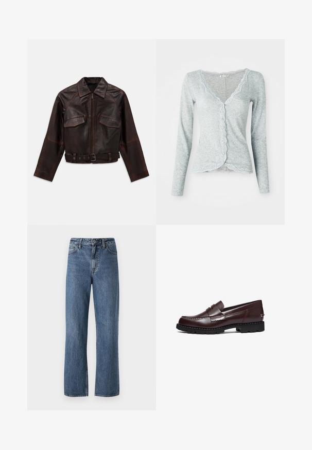 Chaqueta de cuero marrón oscuro con cremallera frontal, dos bolsillos con solapa en el pecho, mangas largas y un cinturón ajustable con hebilla en la cintura.; Cardigan azul claro hecho de un tejido de punto texturizado. Presenta un borde de encaje con forma de concha a lo largo del escote y un cierre delantero con botones, y mangas largas.; Camisa de botones de patrón de cuadro en azul marino y blanco, de manga larga, hecha de material de franela, con cuello mao y botones negros.; Dos camisetas de tirantes ajustadas con encaje, una en blanco y otra en negro, exhibidas sobre un fondo claro y liso.; Jeans de denim azul claro con un diseño clásico de pernera recta, estilo de cinco bolsillos y cierre de botón en la cintura.; Timberland Zapatos sin cordones - burgundy