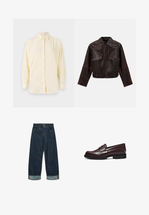 Chaqueta de cuero marrón oscuro con cremallera frontal, dos bolsillos con solapa en el pecho, mangas largas y un cinturón ajustable con hebilla en la cintura.; Cardigan azul claro hecho de un tejido de punto texturizado. Presenta un borde de encaje con forma de concha a lo largo del escote y un cierre delantero con botones, y mangas largas.; Camisa de botón a rayas amarillas y blancas con cuello, mangas largas y un corte relajado. Cuenta con cierre frontal de botones y dobladillo recto.; Pantalones de mezclilla en azul oscuro con un corte holgado, que cuentan con puños enrollados, cinco bolsillos y detalles de costura en contraste.; Timberland Zapatos sin cordones - burgundy