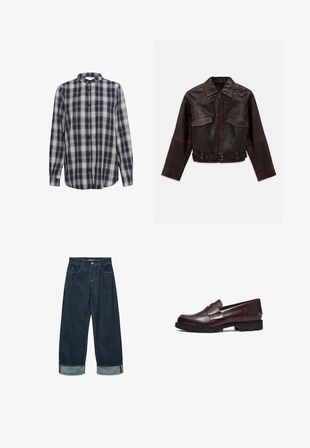 Mørkebrunt læderjakke med frontlynlås, to brystlommer med klap, lange ærmer og et justerbart spænde ved taljen.; Lyseblå cardigan lavet af tekstureret strikstof. Har en bølget blondekant langs halsudskæringen og en knappet front, lange ærmer.; Skjorte med knapper i navy og hvid ternet mønster, lange ærmer, lavet af flannelstof, med mandarin-krave og sorte knapper.; To slanke camicetter med blonder, en i hvid og en i sort, vist på en ensfarvet lys baggrund.; Mørkeblå denimbukser med løstsiddende pasform, rullede duplex, fem lommer og kontrasterende syninger.; Timberland Loafers - burgundy