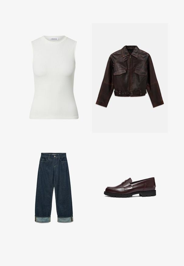 Dunkelbraune Lederjacke mit Frontreißverschluss, zwei Brustpatten Taschen, langen Ärmeln und einem verstellbaren Schnallen-Gürtel in der Taille.; Hellblauer Cardigan aus strukturiertem Strickstoff. Verfügt über einen gewellten Spitzenbesatz entlang des Ausschnitts und einer geknöpften Vorderseite, lange Ärmel.; Weißes ärmelloses, geripptes Oberteil mit hohem Kragen und figurbetonter Passform. Glatte Textur und minimalistisches Design für vielseitigen Tragekomfort.; Hemd mit Knöpfen im navy- und weißen Karo-Muster, lange Ärmel, aus Flanellmaterial, mit Stehkragen und schwarzen Knöpfen.; Dunkelblaue Jeanshose mit lockerer Passform, umgeschlagenen Säumen, fünf Taschen und kontrastierenden Nähdetails.; Timberland Slipper - burgundy