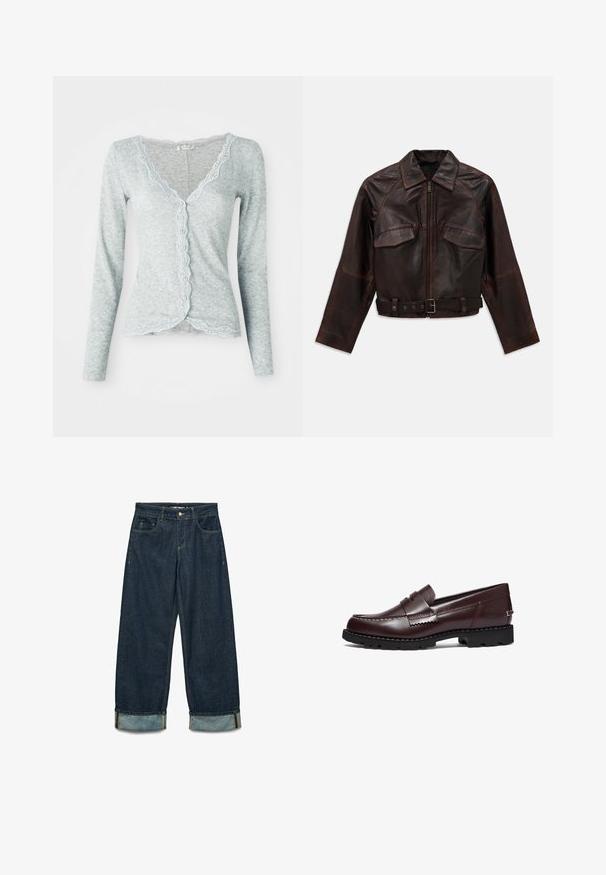 Mörkbrun läderjacka med framdragkedja, två bröstfickor med lock, långa ärmar och ett justerbart spännband i midjan.; Ljusblå cardigan i texturerat stickat tyg. Har en vågig spetskant längs halsringningen och knäppning fram, långa ärmar.; Två slim-fit linnen med spetsdetaljer, ett i vitt och ett i svart, visade på en enkel ljus bakgrund.; Jeans i mörkblått med lös passform, som har uppvikta fållar, fem fickor och kontrasterande sömdetaljer.; Timberland Slip-ins - burgundy