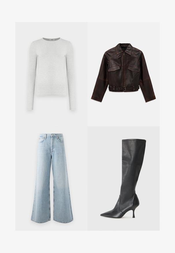 Dunkelbraune Lederjacke mit Frontreißverschluss, zwei Brustpatten Taschen, langen Ärmeln und einem verstellbaren Schnallen-Gürtel in der Taille.; Langärmliges graues geripptes Strickoberteil, runder Halsausschnitt, figurbetonte Silhouette, glatte Textur, ohne sichtbare Logos oder Verzierungen.; Helle blaue weit geschnittene Jeans aus Denim, mit hoher Taille, fünf Taschen und einem Knopf-/Reißverschluss. Ausgestellter Saum für zusätzliches Volumen.; Knöchelhoche schwarze Lederstiefel mit einer spitzen Zehe und einem schlanken Stiletto-Blockabsatz. Glatte Textur mit einer enganliegenden Passform und Nähten am oberen Rand.