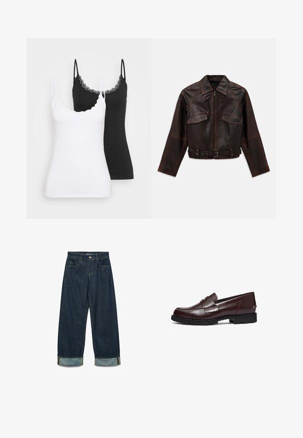 Giacca in pelle marrone scuro con zip frontale, due tasche a soffietto sul petto, maniche lunghe e una cinta regolabile con fibbia in vita.; Due camicette slim-fit con pizzo, una bianca e una nera, presentate su uno sfondo chiaro e neutro.; Pantaloni in denim di colore blu scuro con una vestibilità ampia, caratterizzati da orli arrotolati, cinque tasche e dettagli di cucitura a contrasto.; Timberland Scarpe senza lacci - burgundy