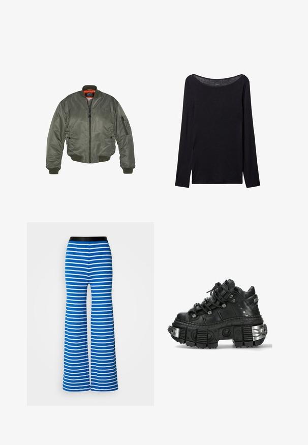 Olivgrüne Bomberjacke aus Nylonmaterial, mit geripptem Kragen und Bündchen, Reißverschluss, Fronttaschen und einem auffälligen orangen Futter.; Schwarz langärmliges Shirt mit weitem Ausschnitt, aus weichem Stoff gefertigt, mit einer taillierten Passform und minimalen Nähten.; Blaue und weiße gestreifte Schlaghose mit einem schwarzen elastischen Bund. Hat eine glatte Textur und gleichmäßige horizontale Streifen.; Schwarze Ledersneaker mit dickem Gummi-Sohle und metallischen Akzenten. Verfügt über runde Schnürsenkel und einen verstärkten Zehenbereich, der durch silberne Hardware gekennzeichnet ist.