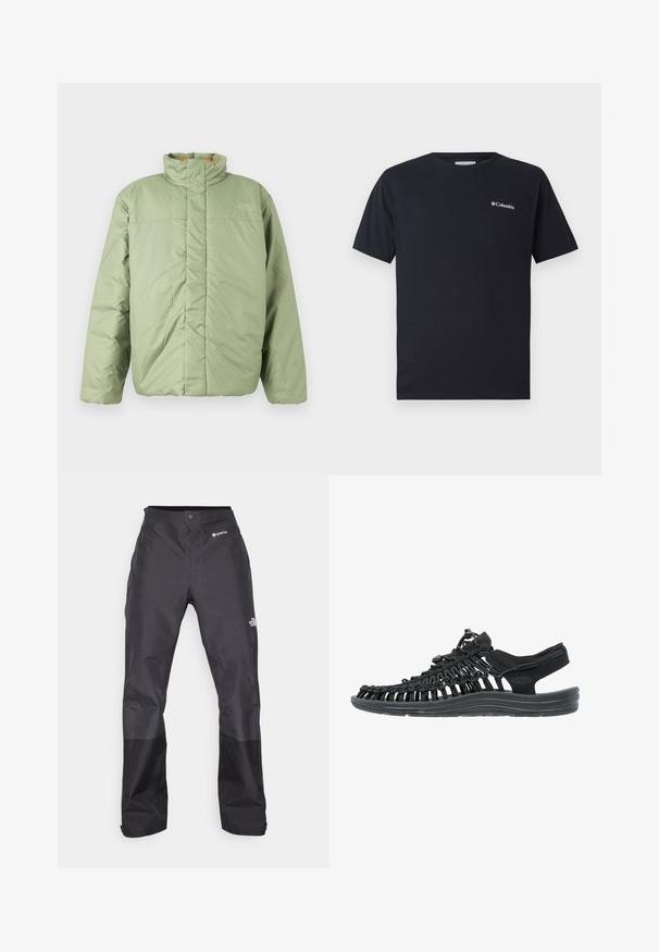 Light green insulated jacket with a high collar, smooth texture, front zip with no visible pockets, and subtle logo on the chest.; Black short-sleeve t-shirt made of cotton, featuring a small white Columbia logo on the left chest area. Classic crew neckline and relaxed fit.; Black waterproof pants with a smooth texture, featuring a GORE-TEX logo on the front, and reinforced lower legs for durability.; Black sandal with woven synthetic upper, adjustable lace closure, and a cushioned sole. Features open design for breathability.