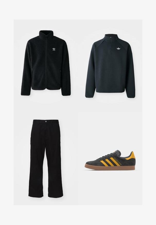 Čierna fleecová bunda s vysokým golierom, zipsom na prednej strane a prednými vreckami. Obsahuje textúrovanú tkaninu a malé biele logo na ľavej hrudi.; Čierna mikina so štvrťovým zipsom vyrobená z mäkkej tkaniny, s raglánovými rukávmi a bielym logom na hrudi. Rukávy sú elastické.; Čierne nohavice s širokými nohavicami vyrobené z bavlnenej zmesi, s gombíkovým zapínaním a rovný strih s minimálne viditeľným švom.; Čierne semišové tenisky so žltými akcentmi, ktoré majú tri pruhy a hnedú gumovú podrážku. Obsahujú vypolstrovaný jazyk pre pohodlie.