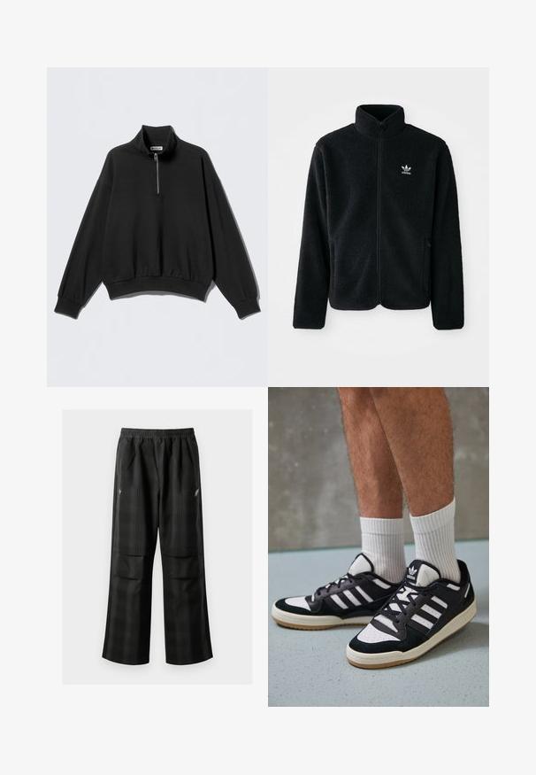 Jachetă din fleece neagră cu guler înalt, fermoar pe față și buzunare frontale. Caracteristici ale materialului texturat și un mic logo alb pe pieptul stâng.; Hanorac negru cu guler înalt și fermoar la jumătate, cu umeri căzuți și tiv cu dungi. Confecționat dintr-un material moale, texturat.; Pantaloni cu un model carourile negre, având talie elastică, două buzunare frontale și un croi lejer cu picioare drepte. Construiți dintr-un material ușor.; Adidași negri și albi cu un superior din suede și piele, prevăzuți cu trei dungi albe, un vârf perforat și o talpă din cauciuc caramel.
