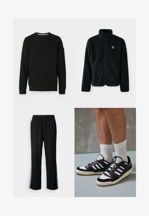 Crna fleec jakna s visokim ovratnikom, prednjim zatvaračem i prednjim džepovima. Ima teksturirani materijal i mali bijeli logo na lijevoj strani prsnog koša.; Crni dukserica s okruglim izrezom i dugim rukavima, rebrasti rubovi na rukavima i donjem dijelu. Mekana tkanina s oznakom na lijevom rukavu i minimalnim dizajnom.; Crne sportske hlače s elastičnom trakom oko struka, s bijelim bočnim prugama i malim logotipom. Materijal izgleda mekan i lagan.; Crne i bijele tenisice s gornjim dijelom od antilopa i kože, s tri bijele pruge, perforiranim prstom i gumiranim potplatom.
