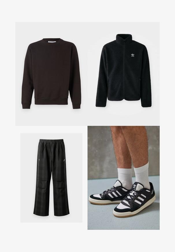 Schwarze Fleecejacke mit hohem Kragen, durchgehendem Reißverschluss und Fronttaschen. Verfügt über strukturiertes Material und ein kleines weißes Logo auf der linken Brust.; Dunkelbrauner Sweatshirt, Rundhalsausschnitt, lange Ärmel, gerippte Bündchen und Saum, glatte Textur, keine sichtbaren Muster oder Grafiken.; Schwarze karierte Hosen mit elastischem Bund, zwei Fronttaschen und lockerer Passform im geraden Beinschnitt. Hergestellt aus leichtem Material.; Schwarz-weiße Sneaker mit einem Obermaterial aus Wildleder und Leder, ausgestattet mit drei weißen Streifen, einer perforierten Zehenpartie und einer Sohle aus Gummi.