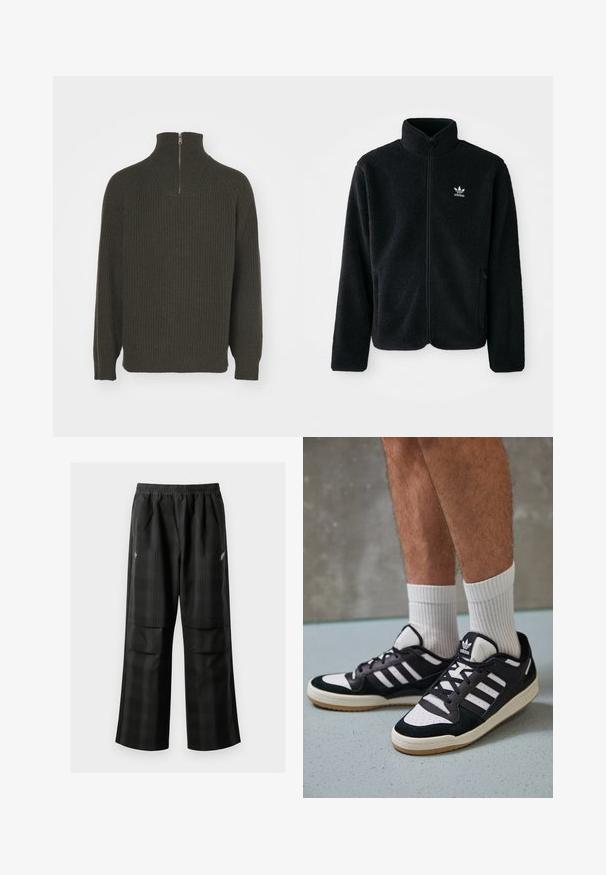 Chupa de forro polar negro con cuello alto, cierre frontal y bolsillos delanteros. Presenta tela texturizada y un pequeño logo blanco en el lado izquierdo del pecho.; Carhartt WIP MARLON HALF ZIP - Jersey de punto - office green; Pantalones de cuadros negros con cintura elástica, dos bolsillos frontales y un ajuste holgado con diseño de pierna recta. Fabricados en material ligero.; Zapatillas en blanco y negro con parte superior de ante y cuero, que presentan tres franjas blancas, una puntera perforada y una suela de goma.