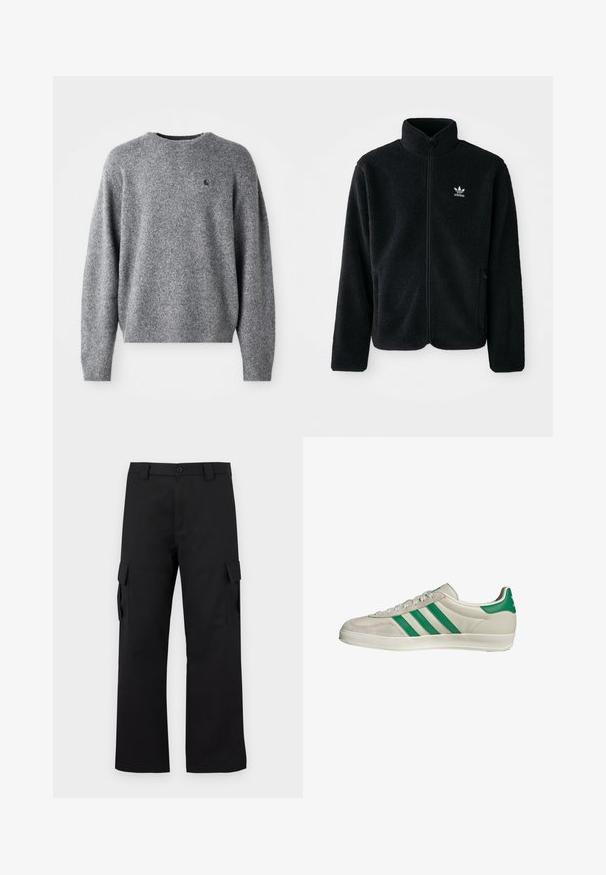 Giacca in pile nera con colletto alto, chiusura zip frontale e tasche anteriori. Presenta un tessuto testurizzato e un piccolo logo bianco sul lato sinistro del petto.; Maglione grigio lavorato a maglia con scollatura rotonda, polsini e orlo a coste, e un piccolo logo sul petto. Morbida texture e vestibilità rilassata.; Pantaloni cargo neri con design a gamba dritta. Realizzati in tessuto resistente, dotati di due tasche laterali con chiusura a pattina e chiusura con bottone.; Sneaker beige con strisce verdi, con suola bianca e tomaia in pelle liscia. Vista laterale che evidenzia i dettagli dei lacci e il logo.