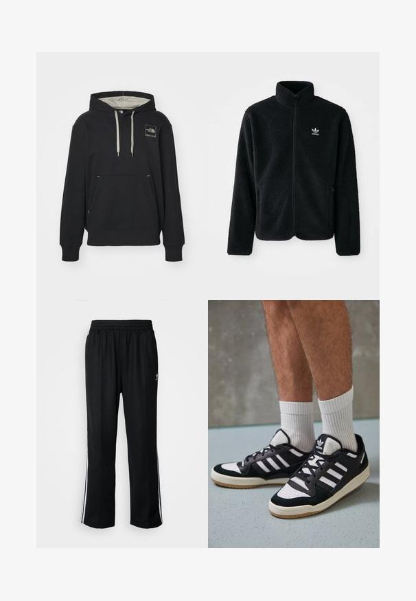 Giacca in pile nera con colletto alto, chiusura zip frontale e tasche anteriori. Presenta un tessuto testurizzato e un piccolo logo bianco sul lato sinistro del petto.; The North Face COORDINATES - Felpa con cappuccio - tnf black; Pantaloni da allenamento neri con elastico in vita, dotati di bande laterali bianche e un piccolo logo. Il materiale sembra morbido e leggero.; Sneaker bianco e nero con tomaia in suede e pelle, caratterizzati da tre strisce bianche, punta perforata e suola in gomma naturale.