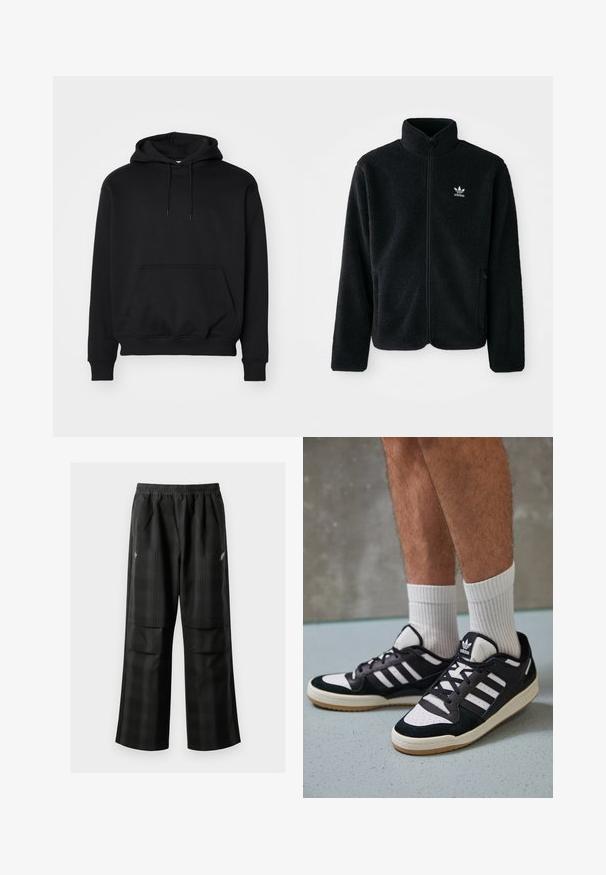 Schwarze Fleecejacke mit hohem Kragen, durchgehendem Reißverschluss und Fronttaschen. Verfügt über strukturiertes Material und ein kleines weißes Logo auf der linken Brust.; Schwarzer Pullover-Hoodie aus weichem Baumwollmix, mit einer Kängurutasche, verstellbare Kapuze, gerippten Bündchen und einem lässigen Schnitt.; Schwarze karierte Hosen mit elastischem Bund, zwei Fronttaschen und lockerer Passform im geraden Beinschnitt. Hergestellt aus leichtem Material.; Schwarz-weiße Sneaker mit einem Obermaterial aus Wildleder und Leder, ausgestattet mit drei weißen Streifen, einer perforierten Zehenpartie und einer Sohle aus Gummi.