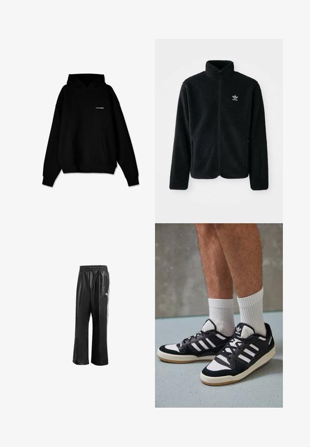 Juodas fliso džemperis su aukštu apykakle, užtrauktuku priekyje ir priekinėmis kišenėmis. Ypatybės: tekstūruota medžiaga ir mažas baltas logotipas kairėje krūtinės pusėje.; Juodas gobtuvas su priekine kišene ir mažu baltu "PEGADOR" logotipu ant krūtinės, rodomas ant balto fono.; Juodos sintetinių medžiagų treniruočių kelnės su elastingu juosmeniu, su baltomis šoninėmis juostelėmis ir mažuoju baltu logotipu kairėje klubo pusėje.; Juodos ir baltos sportinės bateliai su zomšiniu ir odiniu viršumi, su trimis baltomis juostelėmis, perforuota koja ir guminėmis padais.