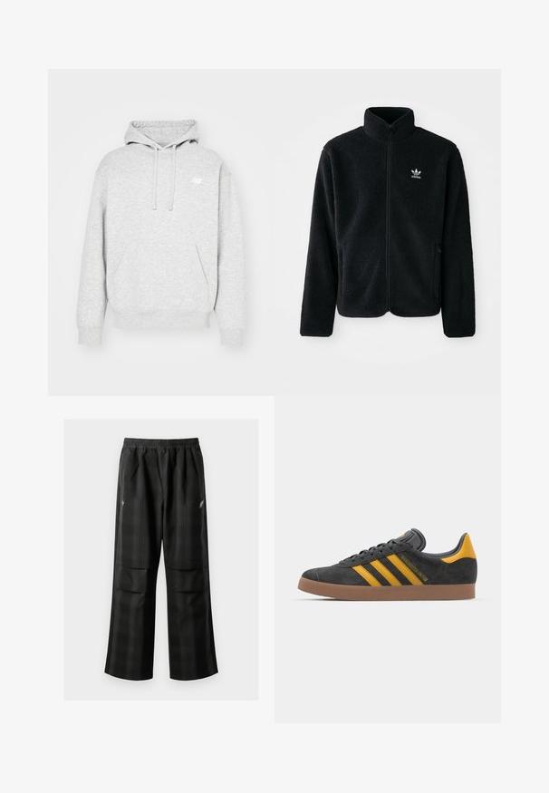 Černá fleecová bunda s vysokým límcem, předním zipem a předními kapsami. Disponuje strukturovanou tkaninou a malým bílým logem na levé hrudi.; Šedá bavlněná mikina s kapucí, přední kapsou a nenápadným logem na prsou. Má manžety a lem ze žebrovaného úpletu.; Černé kostkované kalhoty s elastickým pasem, dvěma předními kapsami a volným střihem se rovnými nohavicemi. Vyrobeny z lehkého materiálu.; Černé semišové tenisky se žlutými akcenty, vybavené třemi pruhy a hnědou gumovou podrážkou. Obsahují polstrovaný jazyk pro pohodlí.