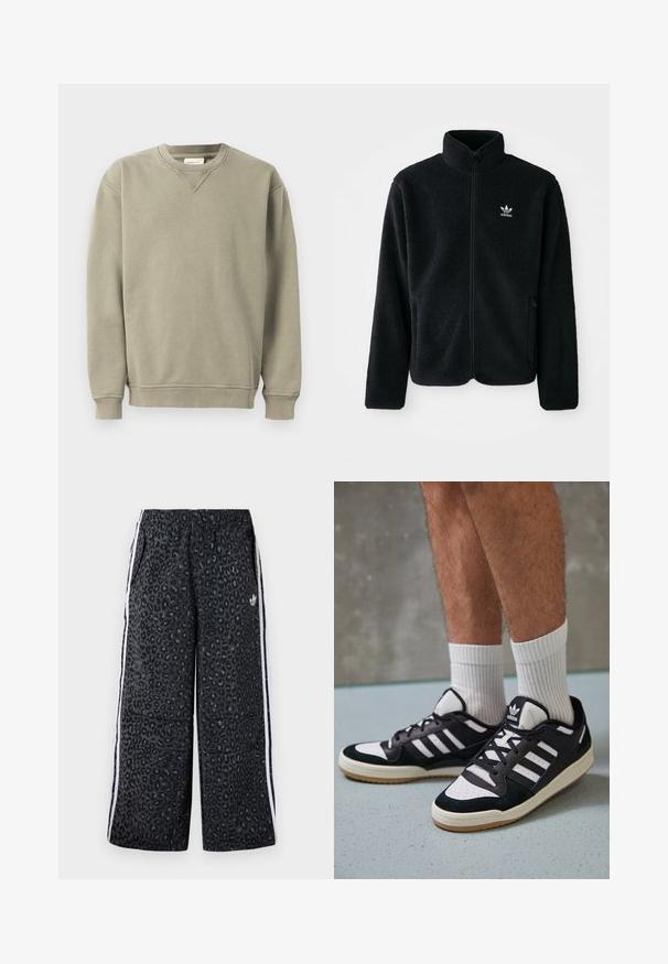 Sort fleecejakke med høj krave, lynlås foran og frontlommer. Har tekstureret stof og lille hvidt logo på venstre bryst.; Kaki sweatshirt lavet af blød bomuldsblanding, med rund halsudskæring, ribbede manchetter og en afslappet pasform med diskrete syninger.; adidas Originals GRAPHIC UNISEX - Træningsbukser - black; Sorte og hvide sneakers med en overdel i ruskind og læder, der har tre hvide striber, en perforeret tå og en sål i gummigummi.