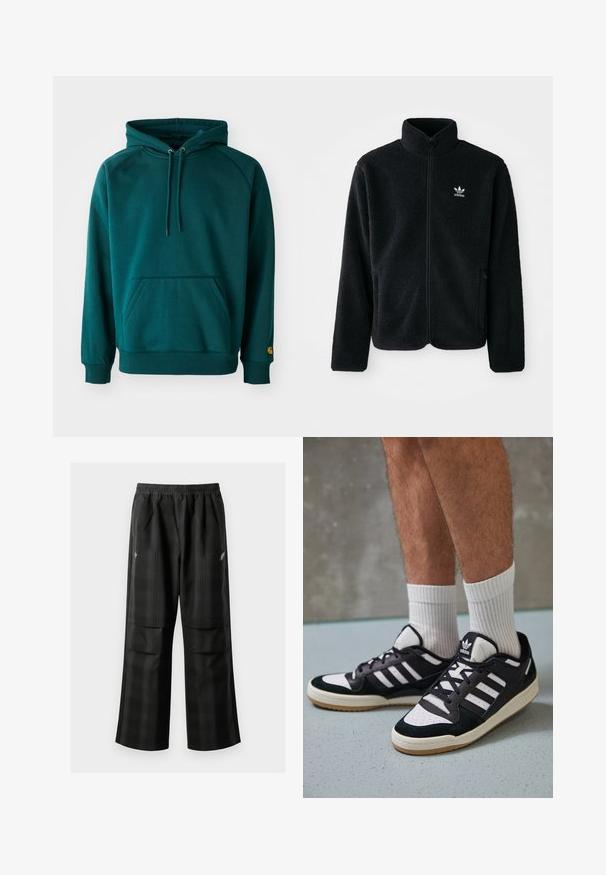 Juodas fliso džemperis su aukštu apykakle, užtrauktuku priekyje ir priekinėmis kišenėmis. Ypatybės: tekstūruota medžiaga ir mažas baltas logotipas kairėje krūtinės pusėje.; Mėlynas džemperis su kengūros kišene, raišteliais ir gumbuotomis rankovėmis. Minkšta medžiaga su sklandžiu paviršiumi, su logotipo akcentu ant rankovės.; Juodos languotos kelnės su elastingu juosmeniu, dviem priekinėmis kišenėmis ir laisvu tiesiu kirpimu. Pagamintos iš lengvos medžiagos.; Juodos ir baltos sportinės bateliai su zomšiniu ir odiniu viršumi, su trimis baltomis juostelėmis, perforuota koja ir guminėmis padais.