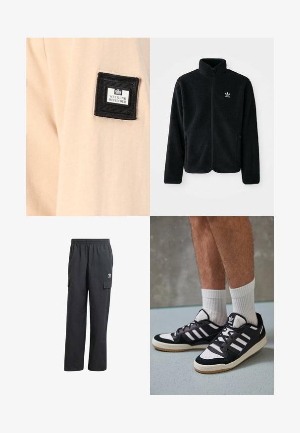 Musta fleece-takki, jossa on korkea kaulus, vetoketjusuljenta ja etutaskut. Käyttää teksturoitua kangasta ja siinä on pieni valkoinen logo vasemmassa rinnassa.; Vaaleanbeige kangas, jossa on pehmeä pinta, ja siinä on musta neliömäinen paikka, jossa on teksti "WEEKEND OFFENDER" valkoisella logolla.; Mustat cargo-housut, joissa on joustava vyötärö, kaksi sivutaskua ja huomaamaton logo vasemmassa reidessä. Valmistettu kevyestä kankaasta.; Valkoiset ja mustat tennarit, joissa on mokkanahka- ja nahkapäällinen, kolme valkoista raitaa, rei'itetty kärki ja kumipohja.