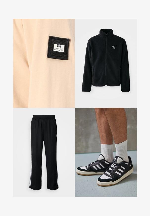 Veste en polaire noire avec col haut, fermeture éclair à l'avant et poches перед тобой. Présente un tissu texturé et un petit logo blanc sur la poitrine gauche.; Tissu beige au toucher doux, comportant un patch carré noir avec l'inscription "WEEKEND OFFENDER" et un logo blanc.; Pantalons de sport noirs avec une taille élastique, ornés de rayures blanches sur les côtés et d'un petit logo. Le matériau semble doux et léger.; Baskets noir et blanc avec une tige en suède et cuir, comportant trois rayures blanches, un bout perforé et une semelle en caoutchouc gum.