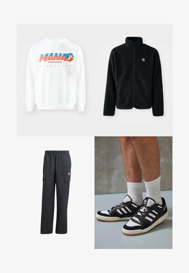 Jachetă din fleece neagră cu guler înalt, fermoar pe față și buzunare frontale. Caracteristici ale materialului texturat și un mic logo alb pe pieptul stâng.; Hanorac alb cu design grafic roșu și albastru. Prezentă textul "SPORTSWEAR" și o iconiță circulară cu o figură alergătoare. Croială clasică, mâneci lungi.; Pantaloni cargo negri cu talie elastică, două buzunare laterale și un logo subtil pe coapsa stângă. Confecționați dintr-un material ușor.; Adidași negri și albi cu un superior din suede și piele, prevăzuți cu trei dungi albe, un vârf perforat și o talpă din cauciuc caramel.