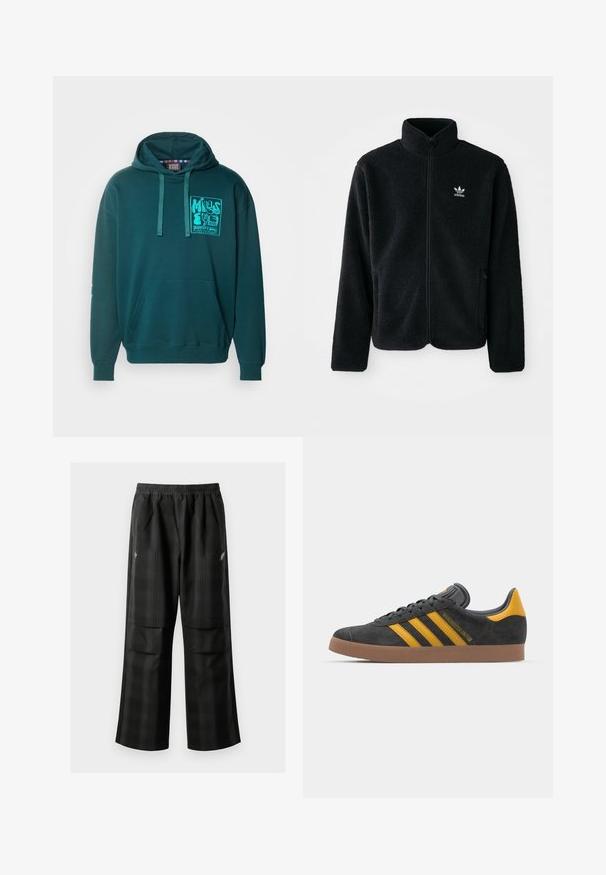 Chupa de forro polar negro con cuello alto, cierre frontal y bolsillos delanteros. Presenta tela texturizada y un pequeño logo blanco en el lado izquierdo del pecho.; Sudadera color aguamarina con un bolsillo frontal, capucha con cuerda ajustable y un gráfico serigrafiado en el lado izquierdo del pecho. Tejido suave y con textura.; Pantalones de cuadros negros con cintura elástica, dos bolsillos frontales y un ajuste holgado con diseño de pierna recta. Fabricados en material ligero.; Zapatillas de ante negro con acentos amarillos, que presentan tres franjas y una suela de goma marrón. Incluyen una lengüeta acolchada para mayor comodidad.