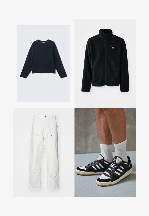 Zwarte fleece jacket met hoge kraag, ritssluiting aan de voorkant en voorzakken. Kenmerkt zich door textuurstof en een klein wit logo op de linkerborst.; Marineblauwe gebreide trui met lange mouwen en ronde hals, met lichtjes verlaagde schouders, op een effen lichte achtergrond.; Witte katoenen cargobroeken met een relaxte pasvorm. Kenmerken zijn onder andere voorzakken, gouden hardware accenten en versterkte kniezones.; Zwart-witte sneakers met een bovenwerk van suede en leer, voorzien van drie witte strepen, een geperforeerde neus en een rubberen gumzool.
