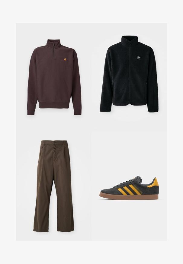 Μαύρο φλις μπουφάν με ψηλό γιακά, μπροστινό φερμουάρ και μπροστινές τσέπες. Διαθέτει υφασμάτινη υφή και μικρό λευκό λογότυπο στο αριστερό στήθος.; Σκούρο καφέ φούτερ με φερμουάρ στον λαιμό από μαλακό ύφασμα με μακριά μανίκια. Διαθέτει μικρό κίτρινο και κόκκινο λογότυπο στο στήθος. Ελαστικές μανσέτες και τελείωμα.; Καφέ παντελόνι σε φαρδύ σχέδιο από βαμβάκι, με κλείσιμο μπροστά με κουμπί, θηλιές για ζώνη και λεία, ματ υφή.; Μαύρο σουέτ αθλητικό παπούτσι με κίτρινες λεπτομέρειες, διαθέτει τρεις ρίγες και καφέ λάστιχο σόλα. Περιλαμβάνει επενδυμένη γλώσσα για άνεση.