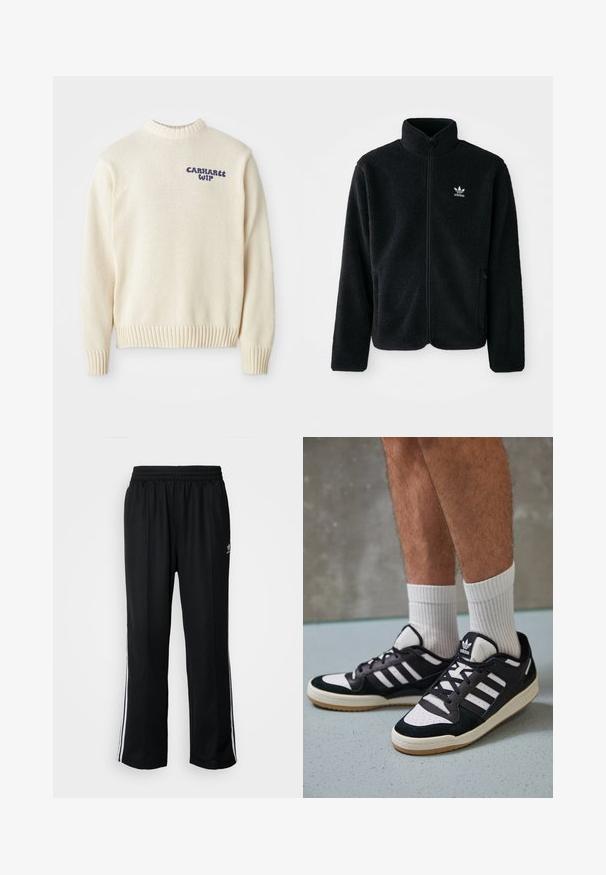 Must värviline fleecedee peasärk kõrge kraega, tõmblukuga esiosa ja esikotid. Omab tekstuuriga kangast ja väikest valget logo vasakul rinnal.; Kreemiga kampsun, millel on ümar kaelus, soonikkoes varrukad ja alläär, esiküljel sinine "Carhartt WIP" logo. Tekstuuriga kangas.; Mustad mustad spordipüksid elastse vöökohaga, millel on valged küljeread ja väike logo. Materjal tundub pehme ja kerge.; Mustvalged ja valged spordijalatsid, mille pealmine osa on valmistatud suede'ist ja nahast. Kingadel on kolm valget riba, auguline varvas ja kummist tald.