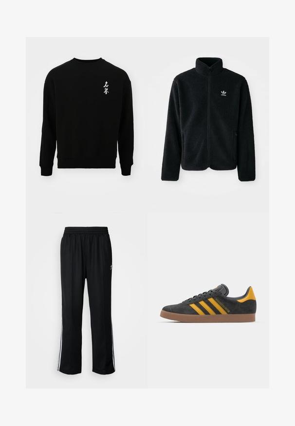 Black fleece jacket with high collar, zip front, and front pockets. Features textured fabric and small white logo on left chest.; Jack & Jones JORHONOR CREW NECK UNISEX - Sweatshirt - black; Black athletic pants with an elastic waistband, featuring white side stripes and a small logo. Material appears soft and lightweight.; Black suede sneaker with yellow accents, featuring three stripes and a brown rubber sole. Includes a padded tongue for comfort.