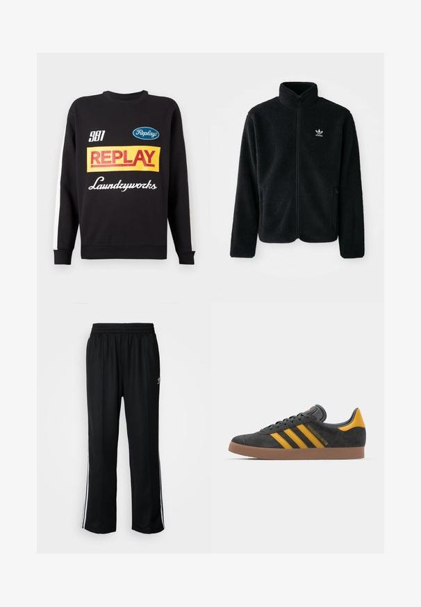 Casaco de fleece preto com gola alta, fecho de correr à frente e bolsos frontais. Apresenta um tecido texturizado e um pequeno logo branco no lado esquerdo do peito.; Sweatshirt preto de gola redonda com riscas brancas nas mangas, apresentando logótipos de texto multicoloridos "Replay" e "Laundryworks" na parte da frente.; Calças atléticas pretas com um cós elástico, apresentando riscas brancas laterais e um pequeno logótipo. O material parece macio e leve.; Tenis em camurça preta com detalhes amarelos, apresentando três riscas e uma sola de borracha castanha. Inclui uma língua acolchoada para maior conforto.