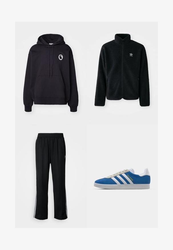 Černá fleecová bunda s vysokým límcem, předním zipem a předními kapsami. Disponuje strukturovanou tkaninou a malým bílým logem na levé hrudi.; Černá mikina s kapucí vyrobená z měkké tkaniny, se přední kapsou typu "klokan", šňůrkovou kapucí a kruhovým logem na levé hrudi.; Černé sportovní kalhoty s elastickým pasem, s bílými bočními pruhy a malým logem. Materiál vypadá měkce a lehce.; adidas Originals ADIDAS GAZELLE SHOES - Sálové kopačky - real madrid/bluebird/footwear white/crew yellow
