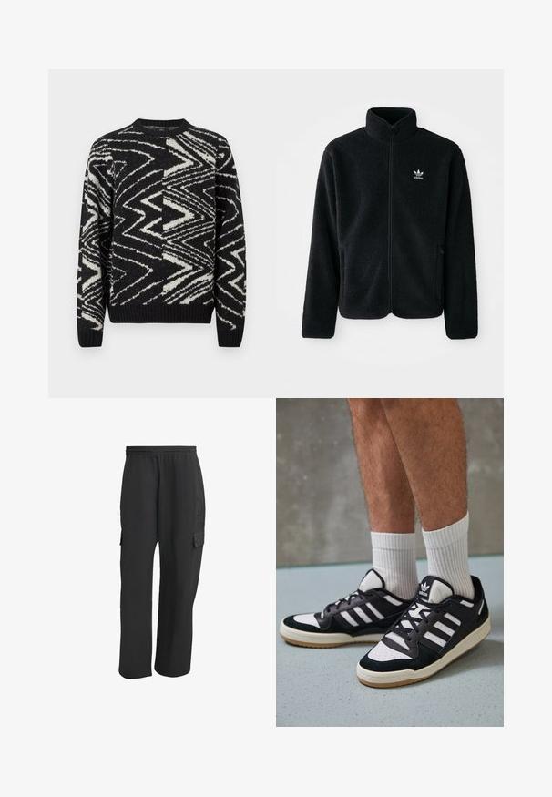 Čierna fleecová bunda s vysokým golierom, zipsom na prednej strane a prednými vreckami. Obsahuje textúrovanú tkaninu a malé biele logo na ľavej hrudi.; Čiernobiela pletená svetrová bunda s abstraktným zick-zack a geometrickými vzormi, okrúhlym výstrihom, dlhými rukávmi a rebrovanými manžetami a lemom.; Čierne cargo nohavice s elastickým pásom, bočnými vreckami, voľným strihom a textúrovanou tkaninou. Navrhnuté pre pohodlie a praktickosť.; Čierno-biele tenisky s vrchom z semišu a kože, s troma bielymi pruhmi, perforovanou špičkou a gumovou podrážkou.