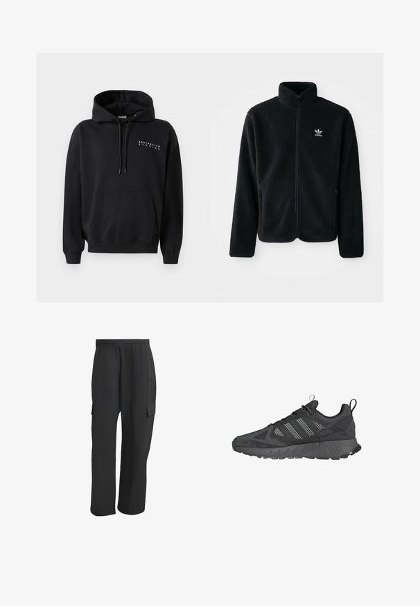 Musta fleece-takki, jossa on korkea kaulus, vetoketjusuljenta ja etutaskut. Käyttää teksturoitua kangasta ja siinä on pieni valkoinen logo vasemmassa rinnassa.; Mustan hupparin etuosassa on kengurupussi, nyörikiinnitteinen huppu ja rinnassa valkoisena painettu "ABSTRACTED STUDIOS" -logo. Yhdistehuppari.; Mustat cargo-housut, joissa on elastinen vyötärö, sivutaskut, vapaa istuvuus ja teksturoitu kangas. Suunniteltu mukavuutta ja käytännöllisyyttä varten.; Mustat urheilukengät, joissa on verkko- ja nupukkipintä, teksturoitu kumipohja, pehmustettu nilkkaosa ja erottuva kolmistripesuunnittelu harmaana.