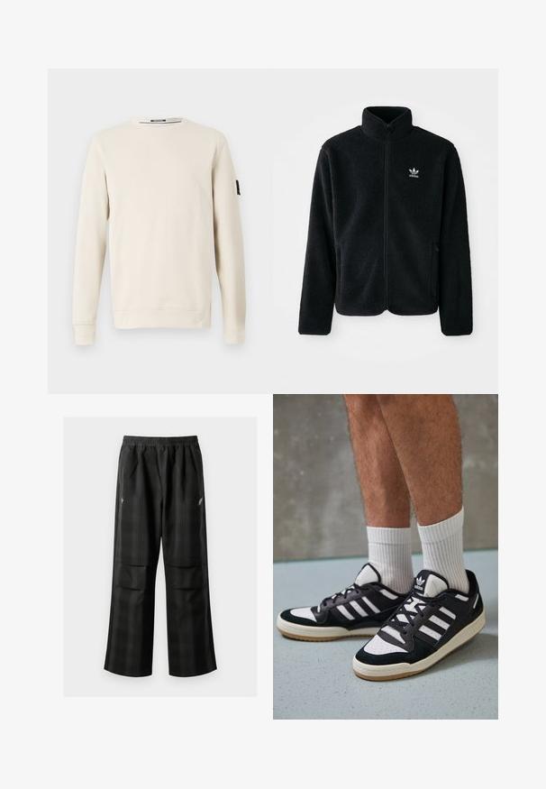 Casaco de fleece preto com gola alta, fecho de correr à frente e bolsos frontais. Apresenta um tecido texturizado e um pequeno logo branco no lado esquerdo do peito.; Sweatshirt bege de gola redonda feito de um tecido suave, com mangas longas e um pequeno detalhe em logótipo preto na manga esquerda.; Calças pretas em padrão xadrez com cintura elástica, dois bolsos frontais e um ajuste solto com design de perna reta. Feitas de material leve.; Ténis em preto e branco com upper em camurça e couro, apresentando três riscas brancas, um toe perfurado e uma sola em borracha de goma.