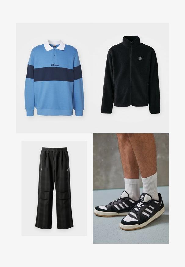 Svart fleecejacka med hög krage, blixtlås fram och framfickor. Har strukturtyg och en liten vit logotyp på vänster bröst.; Ellesse CIVARO - Sweatshirt - blue/navy; Svarta rutiga byxor med elastisk midja, två framfickor och en lös passform med rak bendesign. Tillverkade av lätt material.; Svartvita sneakers med ovandel i mocka och läder, med tre vita ränder, perforerad tå och sula av gummigummi.