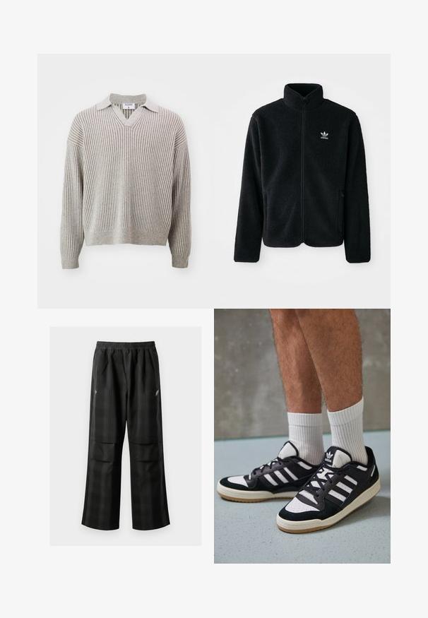 Fekete bolyhos dzseki magas gallérral, cipzáros elejével és elülső zsebeivel. Texturált anyaga és kis fehér logója van a bal mellen.; Filippa K Pulóver - beige/white; Fekete kockás nadrág, rugalmas derékkal, két elülső zsebbel és laza, egyenes szárú fazonnal. Könnyű anyagból készült.; Fekete-fehér tornacipők velúr és bőr felsőrésszel, három fehér csíkkal, perforált orral és gumi talppal.