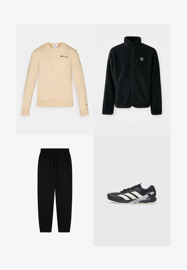 Giacca in pile nera con colletto alto, chiusura zip frontale e tasche anteriori. Presenta un tessuto testurizzato e un piccolo logo bianco sul lato sinistro del petto.; Sweatshirt in cotone beige con maniche lunghe, scollo rotondo, polsini a costine e un piccolo logo ricamato sul lato sinistro del petto.; Pantaloni sportivi neri realizzati in tessuto morbido, dotati di una vita elastica e polsini affusolati. Design minimalista senza motivi o dettagli visibili.; Scarpa sportiva nera con strisce bianche, tomaia in rete, punta arrotondata e suola ammortizzata. Presenta un tallone testurizzato e un sistema di allacciatura sicuro.