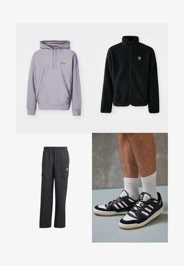 Casaco de fleece preto com gola alta, fecho de correr à frente e bolsos frontais. Apresenta um tecido texturizado e um pequeno logo branco no lado esquerdo do peito.; Suuadeira roxa feita de mistura de algodão, com um bolso canguru central, capuz com cordão e logótipo bordado no peito.; Calças cargo pretas com um cós elástico, dois bolsos laterais e um logótipo subtil na coxa esquerda. Feitas de um tecido leve.; Ténis em preto e branco com upper em camurça e couro, apresentando três riscas brancas, um toe perfurado e uma sola em borracha de goma.