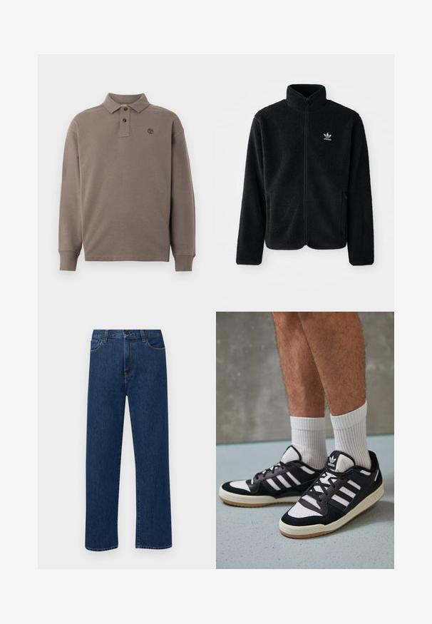 Čierna fleecová bunda s vysokým golierom, zipsom na prednej strane a prednými vreckami. Obsahuje textúrovanú tkaninu a malé biele logo na ľavej hrudi.; Pohodlná polokošeľa s dlhým rukávom v tmavo béžovej farbe z bavlny, s dvojitým zapínaním na gombíky, rebrovanými manžetami a malým vyšitým logom na hrudi.; Tmavomodré rovné rifľové nohavice s prednými vreckami a zapínaním na gombík, vystavené na jednoduchom bielom pozadí.; Čierno-biele tenisky s vrchom z semišu a kože, s troma bielymi pruhmi, perforovanou špičkou a gumovou podrážkou.