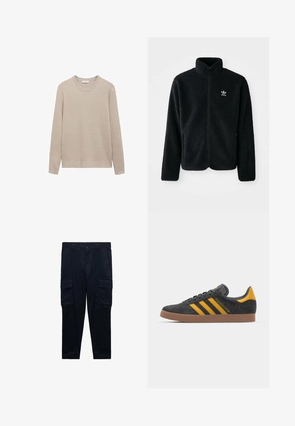 Črna flis jakna z visokim ovratnikom, z zadrgo spredaj in sprednjimi žepi. Ima strukturno blago in majhno belo logo na levi strani prsnega koša.; Bež pulover iz ribane pletenine s okroglo izrezom, dolgimi rokavi in ravnim robom. Mehak material in nevtralna barva, primerna za plastenje.; Kraljevsko modri cargo hlače iz bombaža, s stranskimi žepi, žepom z zadrgo in zankami za pas; kroj s pravimi nogavicami in manšetami.; Črne semiš tene z rumenimi akcenti, ki vsebujejo tri trakove in rjavo gumo podplat. Vključujejo oblazinjeno jezik za udobje.