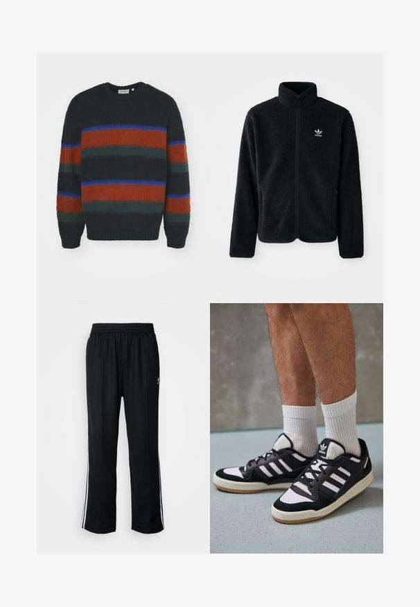 Black fleece jacket with high collar, zip front, and front pockets. Features textured fabric and small white logo on left chest.; Carhartt WIP MERTON - Jumper - brown; Black athletic pants with an elastic waistband, featuring white side stripes and a small logo. Material appears soft and lightweight.; Black and white sneakers with a suede and leather upper, featuring three white stripes, a perforated toe, and a gum rubber sole.