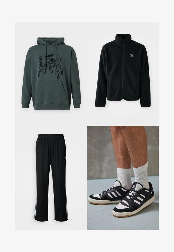 Black fleece jacket with high collar, zip front, and front pockets. Features textured fabric and small white logo on left chest.; Dark green hoodie made of soft fabric featuring a front pocket, drawstring hood, and graphic text with an eye design and teardrops.; Black athletic pants with an elastic waistband, featuring white side stripes and a small logo. Material appears soft and lightweight.; Black and white sneakers with a suede and leather upper, featuring three white stripes, a perforated toe, and a gum rubber sole.