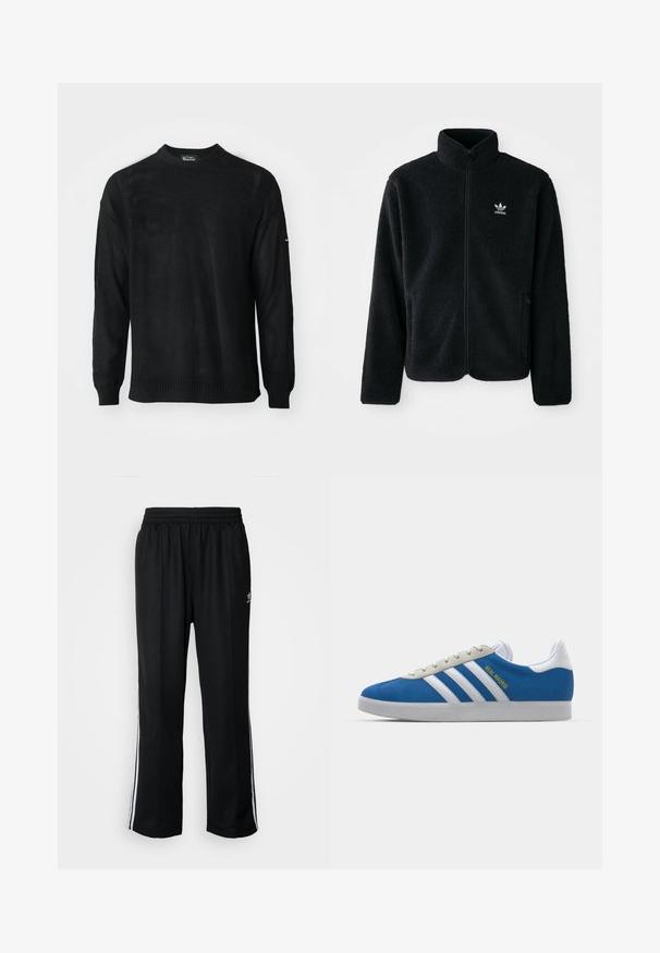 Chupa de forro polar negro con cuello alto, cierre frontal y bolsillos delanteros. Presenta tela texturizada y un pequeño logo blanco en el lado izquierdo del pecho.; Suéter negro de punto con un escote redondo, mangas largas y puños acanalados. Presenta un patrón texturizado y un corte relajado.; Pantalones deportivos negros con cintura elástica, que presentan rayas laterales blancas y un pequeño logotipo. El material parece suave y ligero.; adidas Originals ADIDAS GAZELLE SHOES - Botines de fútbol sala - real madrid/bluebird/footwear white/crew yellow
