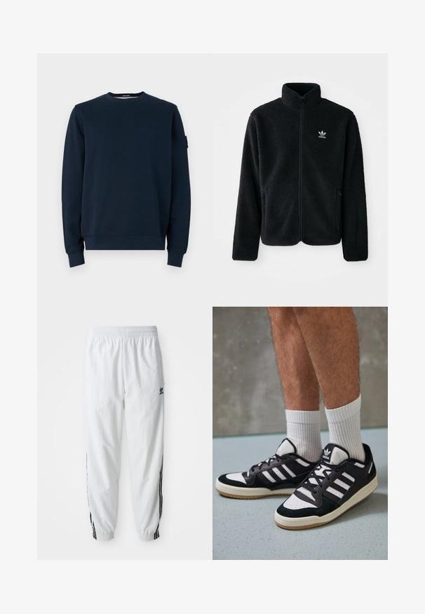 Musta fleece-takki, jossa on korkea kaulus, vetoketjusuljenta ja etutaskut. Käyttää teksturoitua kangasta ja siinä on pieni valkoinen logo vasemmassa rinnassa.; Navy sininen huppari, joka on valmistettu puuvillasekoitteesta. Siinä on pyöreä kaula-aukko, pitkät hihat, resorikynsikäänteet ja logotagi vasemmassa hihassa.; Valkoiset urheiluhousut, joissa on mustat sivupainatukset, joustava vyötärö ja hihnat; vasemmassa reidessä Adidas-logo. Suora kangastyyppi.; Valkoiset ja mustat tennarit, joissa on mokkanahka- ja nahkapäällinen, kolme valkoista raitaa, rei'itetty kärki ja kumipohja.