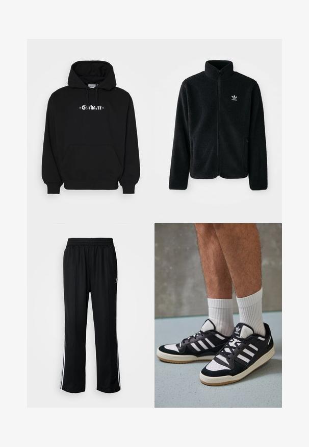 Must värviline fleecedee peasärk kõrge kraega, tõmblukuga esiosa ja esikotid. Omab tekstuuriga kangast ja väikest valget logo vasakul rinnal.; Must vest, mis on valmistatud puuvillast, esiosa taskuga, reguleeritava kapuutsiga ja valge "Carhartt" logo trükiga rinnal.; Mustad mustad spordipüksid elastse vöökohaga, millel on valged küljeread ja väike logo. Materjal tundub pehme ja kerge.; Mustvalged ja valged spordijalatsid, mille pealmine osa on valmistatud suede'ist ja nahast. Kingadel on kolm valget riba, auguline varvas ja kummist tald.