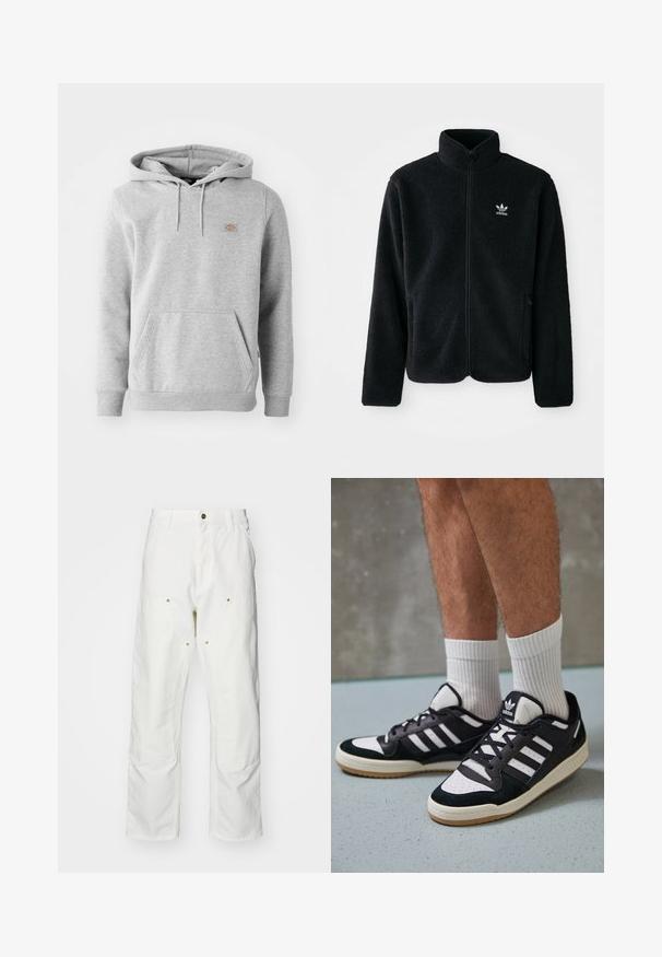 Casaco de fleece preto com gola alta, fecho de correr à frente e bolsos frontais. Apresenta um tecido texturizado e um pequeno logo branco no lado esquerdo do peito.; Sweatshirt cinza com capuz em material de fleece, apresentando um bolso frontal, punhos canelados e um pequeno logo no peito.; Calças cargo brancas em algodão com um corte descontraído. As características incluem bolsos frontais, detalhes em metal dourado e áreas de joelhos reforçadas.; Ténis em preto e branco com upper em camurça e couro, apresentando três riscas brancas, um toe perfurado e uma sola em borracha de goma.